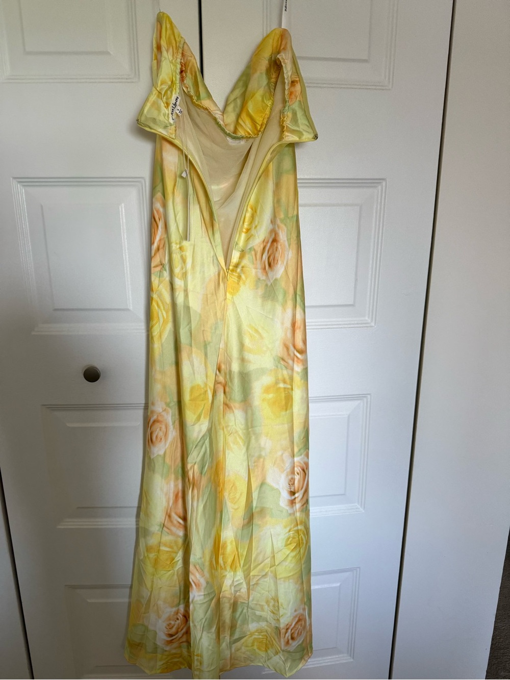 For Love and Lemons Strapless Yellow Floral Satin Maxi Dress - Picture 4 of 6